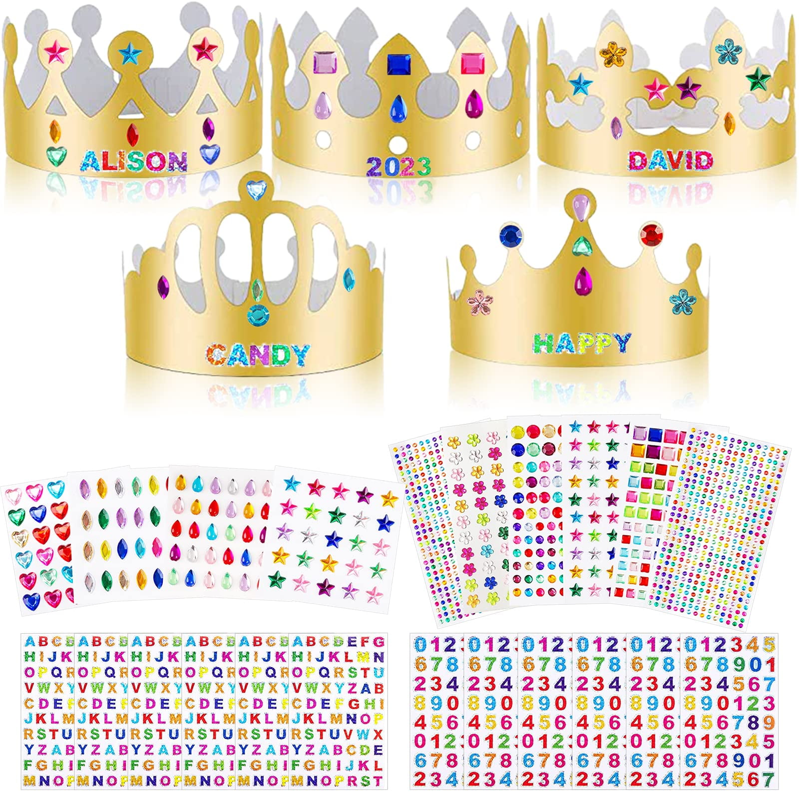 VEGCOO 25 PCS Paper Crown Golden Party Hats with Pieces Gem Stickers Jewels Stickers Rhinestone Numbers Crafts, Crown Party Making Kit and Crystal Stickers Self, DIY Crown Supplies for Kids Adults